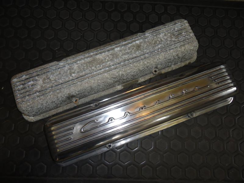 Corvette script valve covers before and after polishing polished aluminum valve covers