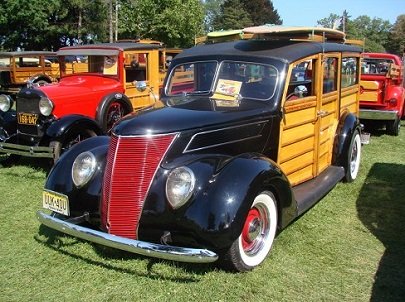 1937 Ford Woodie Wagon at classic car show Flathead powered Ford Woodie at classic car show